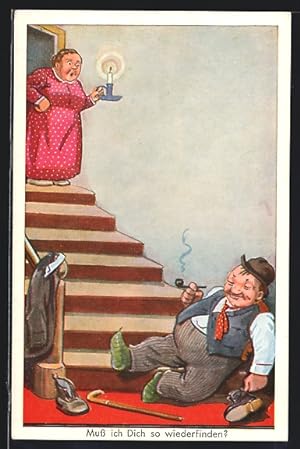 Ansichtskarte Frau im Nachthemd findet ihren Mann betrunken am Fuss der Treppe