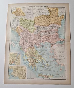 Original 1899 Colour Map of Turkey in Europe, Greece etc.