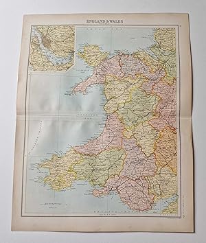 Original 1899 Colour County Map of Wales, Liverpool Inset
