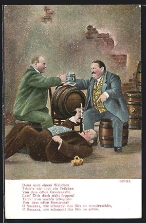 Ansichtskarte Drei betrunkene Männer am Bierfass, Trinkerhumor