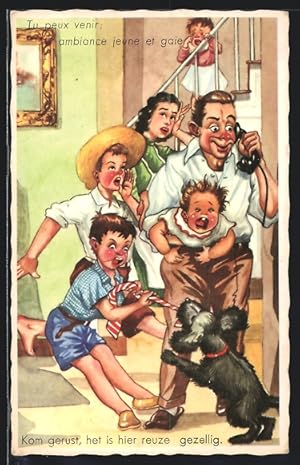Ansichtskarte Familie mit Hund am Telefon, Scherz