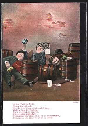 Ansichtskarte Drei betrunkene Männer mit Bierkrügen, Trinkerhumor