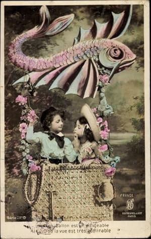 Ansichtskarte / Postkarte 1. April, Kinder in einem Ballon, Fisch