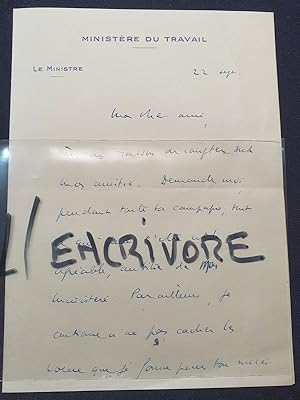 Lettre autographe signée de Charles Pomaret - 1938 ou 1939
