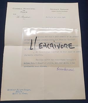 Lettre autographe signé du Député Jean-Raymond Laurent - 1937