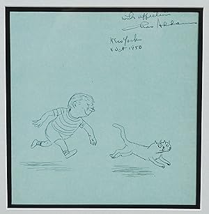 CHARLES ADDAMS SIGNED ORIGINAL DRAWING OF PUGSLEY CHASING A TWO-HEADED CAT