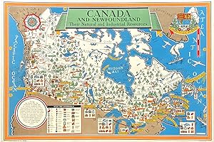 Original Vintage Pictorial Map - Canada and Newfoundland. Their Natural and Industrial Resources