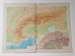 1940 Colour Lithograph Physical Map of the Alps