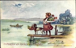 Künstler Ansichtskarte / Postkarte Glückwunsch, Gratulanten, Blumenstrauß, Hund