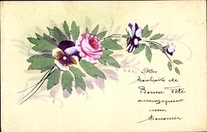 Ansichtskarte / Postkarte Blumen, Rose, Stiefmütterchen, Kitsch