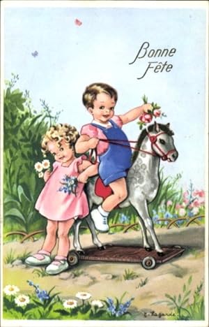 Künstler Ansichtskarte / Postkarte Lagarde, Glückwunsch, Kinder, Pferd-Spielzeug