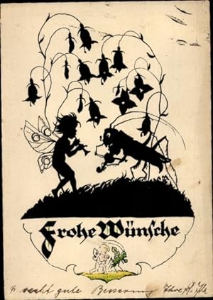 Scherenschnitt Ansichtskarte / Postkarte Frohe Wünsche, Fee, Grashüpfer, Glockenblumen