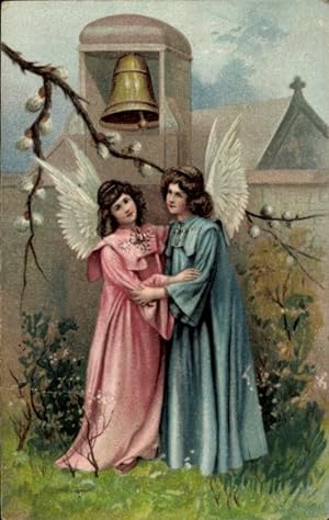Präge Ansichtskarte / Postkarte Zwei Engel, Glocke, Weidenkätzchen