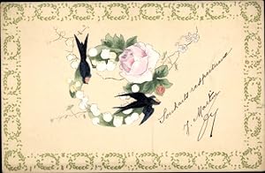 Ansichtskarte / Postkarte Schwalben, Blumen, Rose, Maiglöckchen, Kitsch