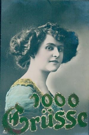 Glitzer Ansichtskarte / Postkarte Portrait einer Frau mit dunklen Haaren, 1000 Grüße