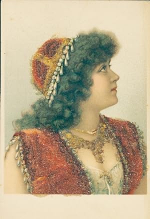 Glitzer Litho Portrait einer jungen Frau mit lockigen Haaren, Schmuck, Tracht
