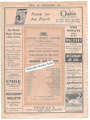 Royal Opera House programme FridayNovember 6th 1936 Ariadne auf Naxos by the Dresden Opera Compan...