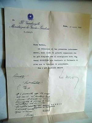 Lettera "IL GUARDASIGILLI MINISTRO PER LA GRAZIA E GIUSTIZIA Firmata ALDO MORO" 26 Marzo 1956