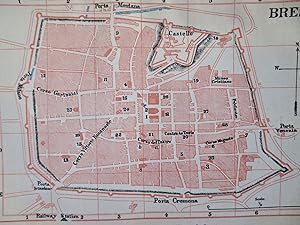 Brescia Italy Detailed City Plan Railway Station Castle c. 1890's tourist map
