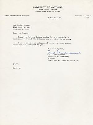 Cyril Ponnamperuma NASA Scientist 1972 TLS Hand Signed Letter