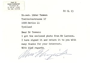 Rune Elmqvist Swedish Heart Pacemaker Inventor Scientist Autograph