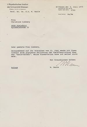 Willhelm Hanle German WW2 Uranium Nuclear Physicist Hand Signed Letter