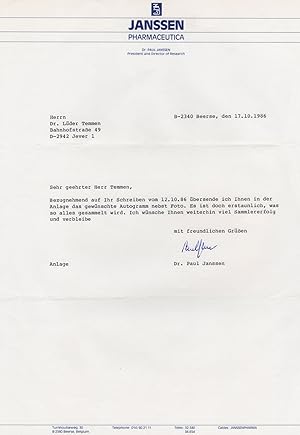 Paul Janssen Pharmaceutica Founder Physician Hand Signed Letter