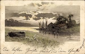 Ansichtskarte / Postkarte Landschaftsszene mit Ruderboot am Flussufer