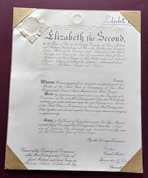 Queen Elizabeth II document signed being a Grant of the Dignity of a Companion of the Most Distin...