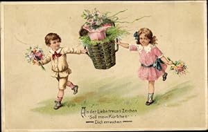 Präge Ansichtskarte / Postkarte Kinder mit Blumenkorb, Glückwunsch, Kitsch, Als der Liebe treues ...