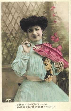 Ansichtskarte / Postkarte Glückwunsch 1. April, Frau mit Fisch, Portrait