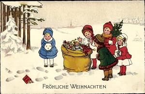Ansichtskarte / Postkarte Frohe Weihnachten, Kinder am Waldrand, Geschenkesack, Fußspuren