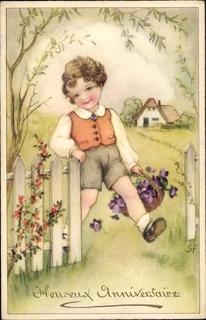 Künstler Ansichtskarte / Postkarte Glückwunsch, Kind mit Blumenkorb, Gratulant