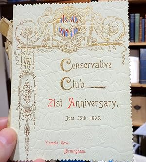 The Birmigham Conservative Club 21st Anniversary Dinner Menu. 29th June 1893 At Temple Row.