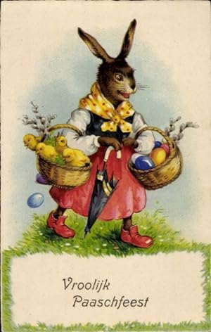 Ansichtskarte / Postkarte Glückwunsch Ostern, Vermenschlichte Häsin mit Körben, Ostereier, Küken