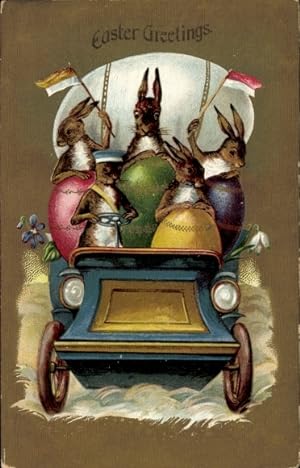 Ansichtskarte / Postkarte Glückwunsch Ostern, Hasen mit Eiern im Automobil