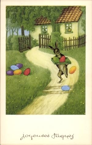 Ansichtskarte / Postkarte Glückwunsch Ostern, Hase trägt Ostereier