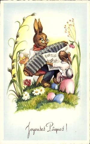 Ansichtskarte / Postkarte Glückwunsch Ostern, Vermenschlichte Hasen, Ziehharmonika, Ostereier