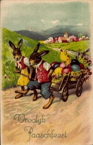 Ansichtskarte / Postkarte Glückwunsch Ostern, Vermenschlichte Hasen ziehen einen Karren mit Oster...
