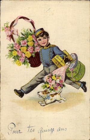 Ansichtskarte / Postkarte Glückwunsch, Gratulant mit Geschenken, Blumenkorb, Rosen, Hund