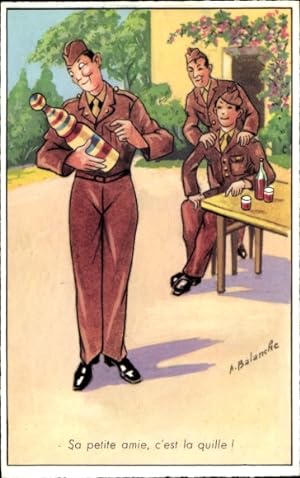 Künstler Ansichtskarte / Postkarte Balanche, Soldat mit bemalter Flasche