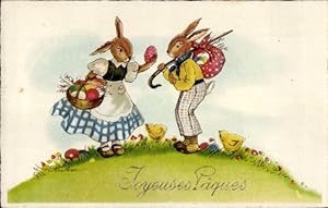Künstler Ansichtskarte / Postkarte Glückwunsch Ostern, Vermenschlichte Osterhasen mit Eiern