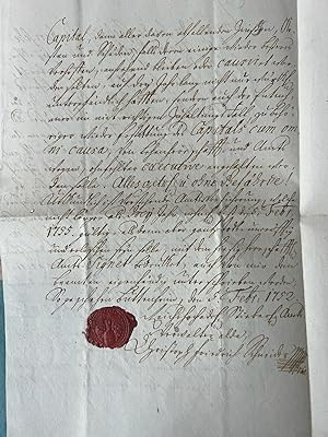 Manuscript legal German 1755 | Original manuscript deed for mortgage of 40 Frankische Guilder wit...