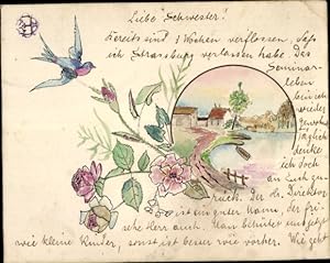 Handgemalt Litho Haus am Teich, Vogel, Blumen