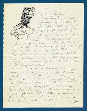 Eigenhändiger Brief mit kleiner Federzeichnung (Selbstporträt als Soldat) und Unterschrift "Papa".