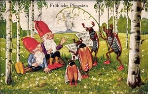 Ansichtskarte / Postkarte Glückwunsch Pfingsten, Singende Maikäfer, Zwerge, Birken