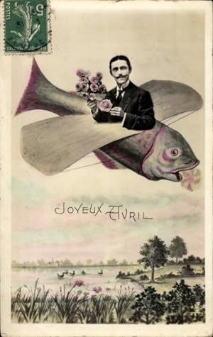 Ansichtskarte / Postkarte 1. April, Mann in einem Fisch als Flugzeug, Fotomontage