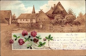 Litho Dorfmotiv, Kleeblätter, Blüten