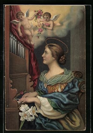 Ansichtskarte Frau an der Orgel betrachtet die Engel am Himmel, Sancta Cäcilia