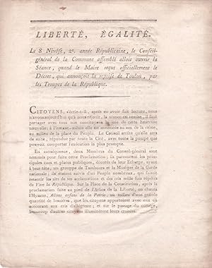 Liberté, Egalité. Le 8 Nivôse, 2e année de la République, le Conseil général de la Commune assemb...